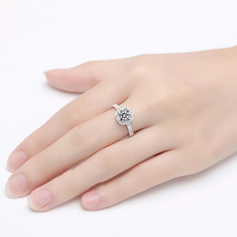 Radiance Refined: D Color Round Cut Moissanite Ring in 925 Sterling Silver with 18K White Gold Plating
